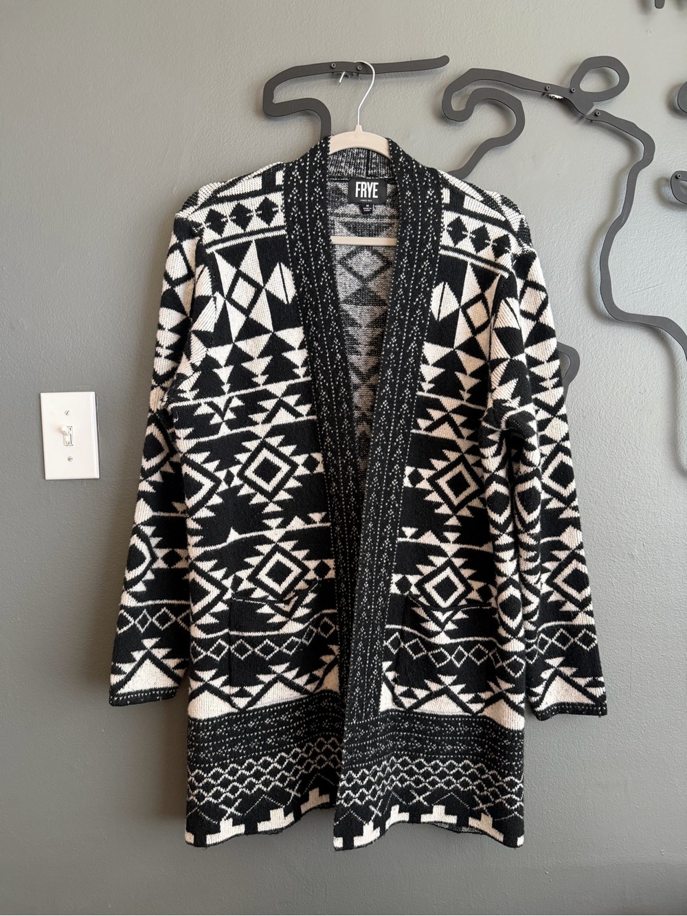 FRYE The Cozy Cardigan Black and White Geometric Open Sweater Size Medium